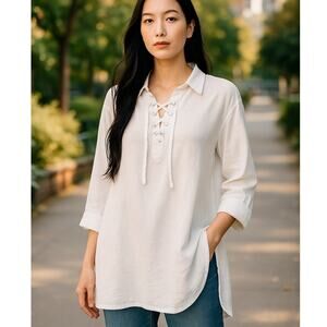 Chico's White Cotton Top Tunic Tie Neck 3/4 Sleeves Peasant Prairie Cottage Core